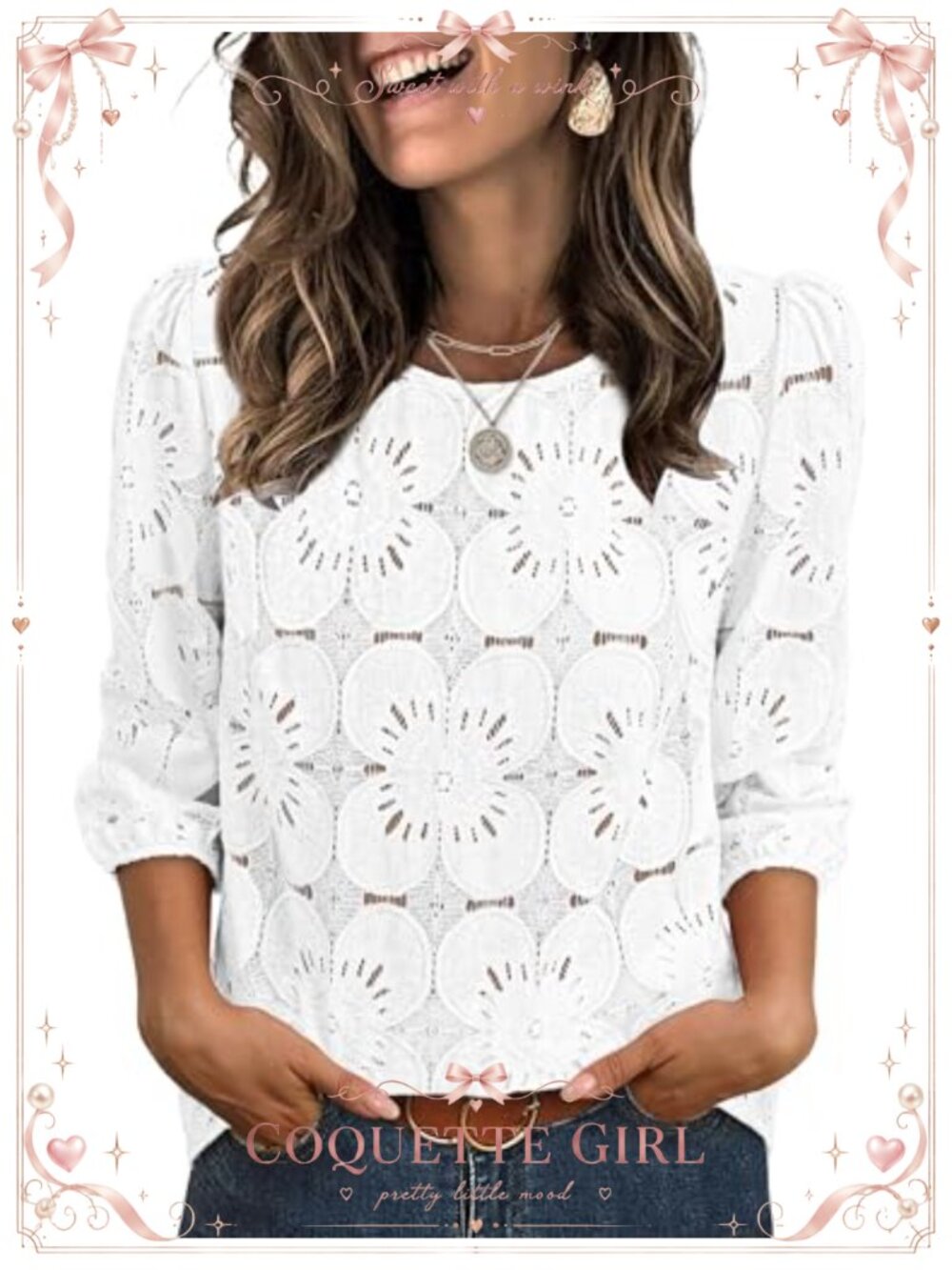 Women Eyelet Lace Blouse 3/4 Puff Sleeve Dressy Casual Top